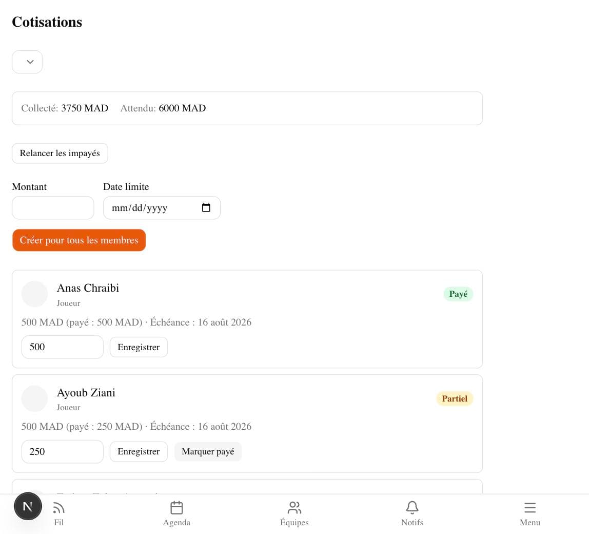Page Cotisations du club AVADAS sur MySquad